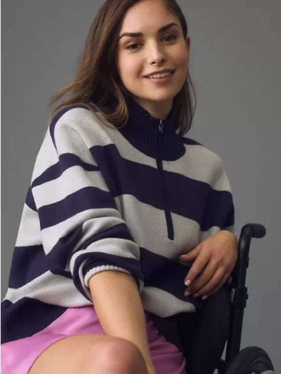 Maeve Sweaters - Anthropologie Maeve - Striped Half-Zip Sweater in Navy and Light Gray - Women's